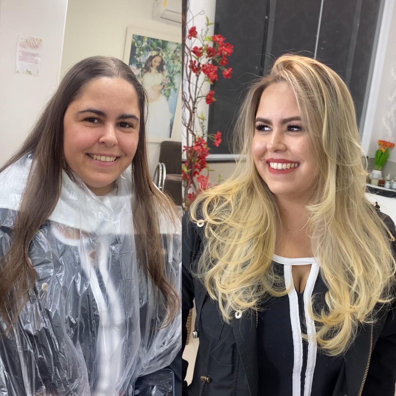 Antes e depois: cabelo castanho longo transformado em loiro iluminado