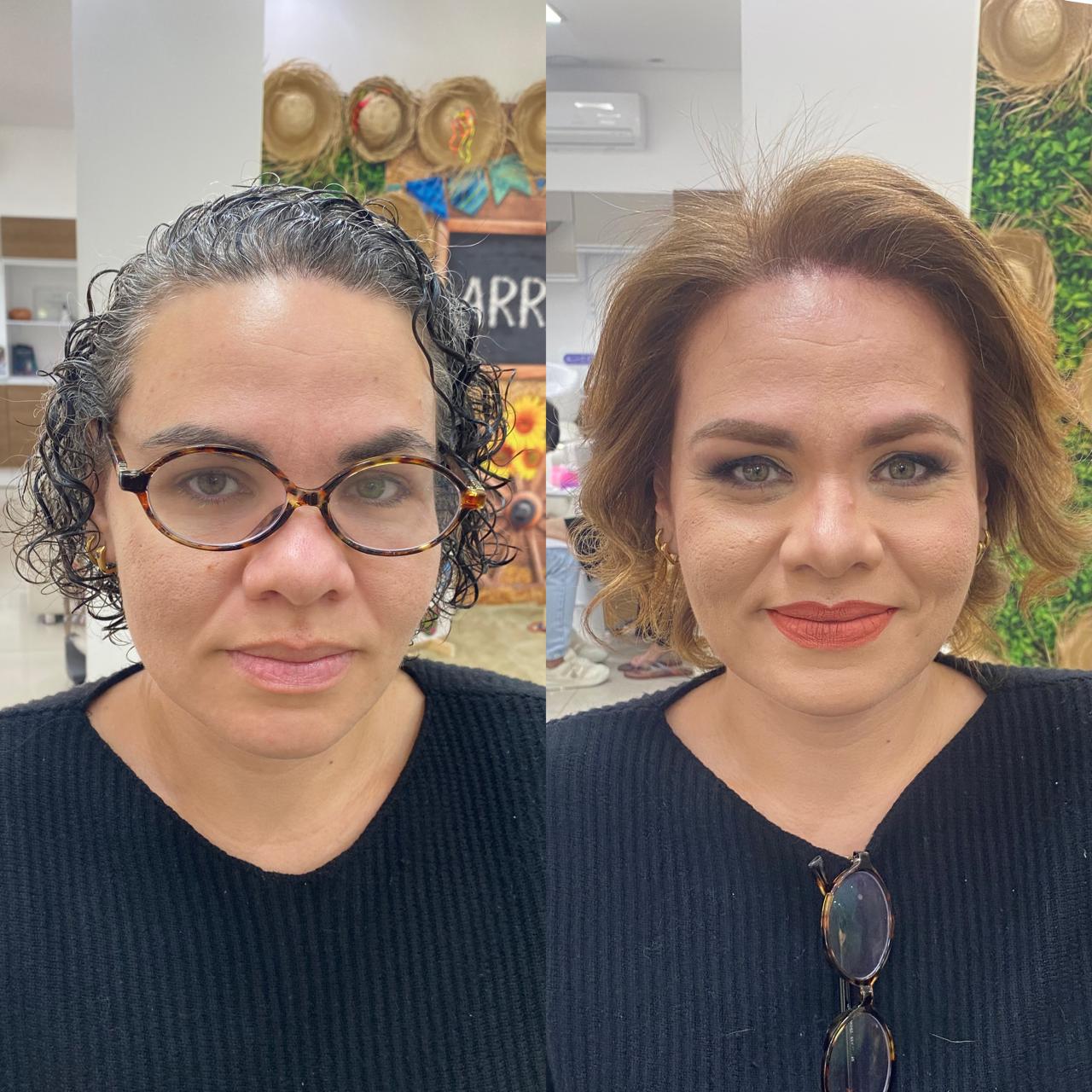 Antes e depois: cabelo grisalho cacheado transformado em loiro com finalização