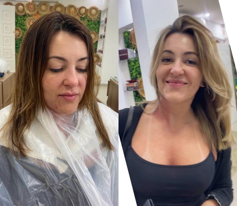 Antes e depois: cabelo castanho médio transformado em loiro