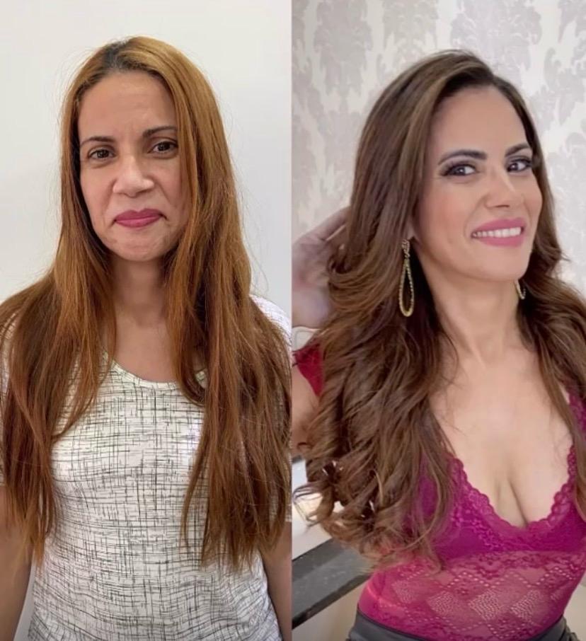 Antes e depois: cabelo longo e liso transformado em ondas com luzes